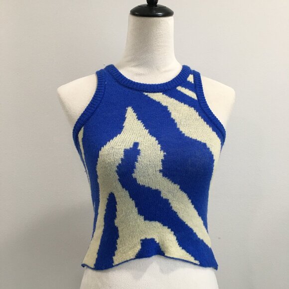 POLLY PRINCESS Blue Beige High Neckline Crop Knit Sweater Top - Picture 5 of 9